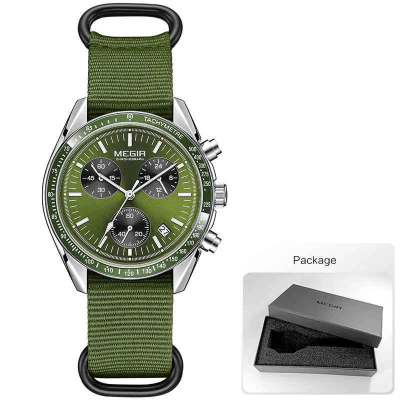 MEGIR New Men's Nylon Braided Strap Waterproof Night-light Sports Quartz Watch with Chronograph Fashion Triple-eye Wristwatch wi