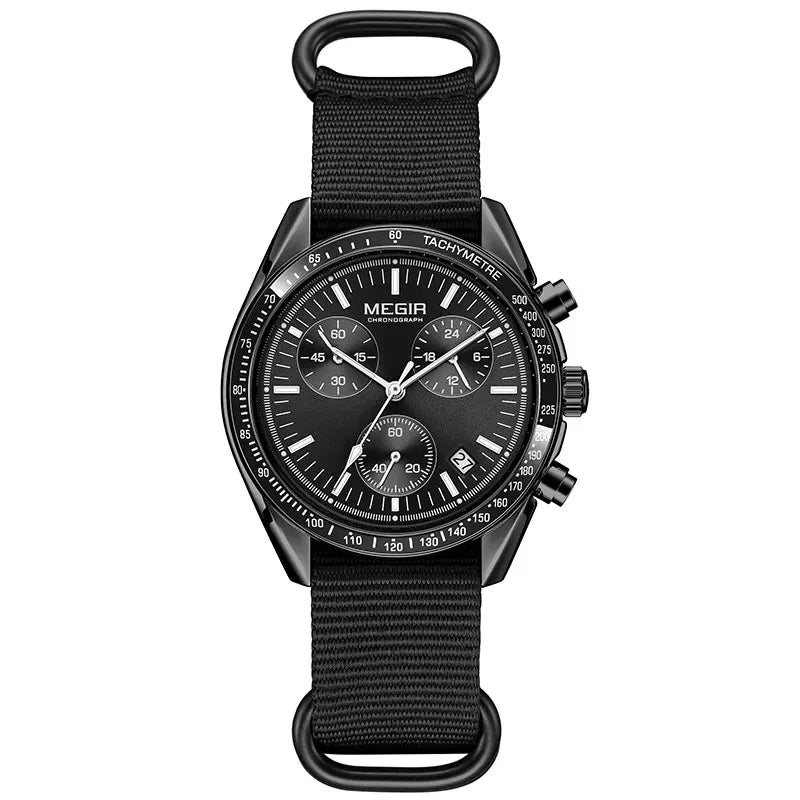 MEGIR New Men's Nylon Braided Strap Waterproof Night-light Sports Quartz Watch with Chronograph Fashion Triple-eye Wristwatch wi