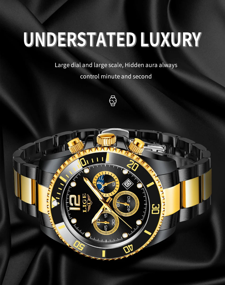 LIGE Men’s Luxury Military Quartz Watch – Full Steel Waterproof Chronograph