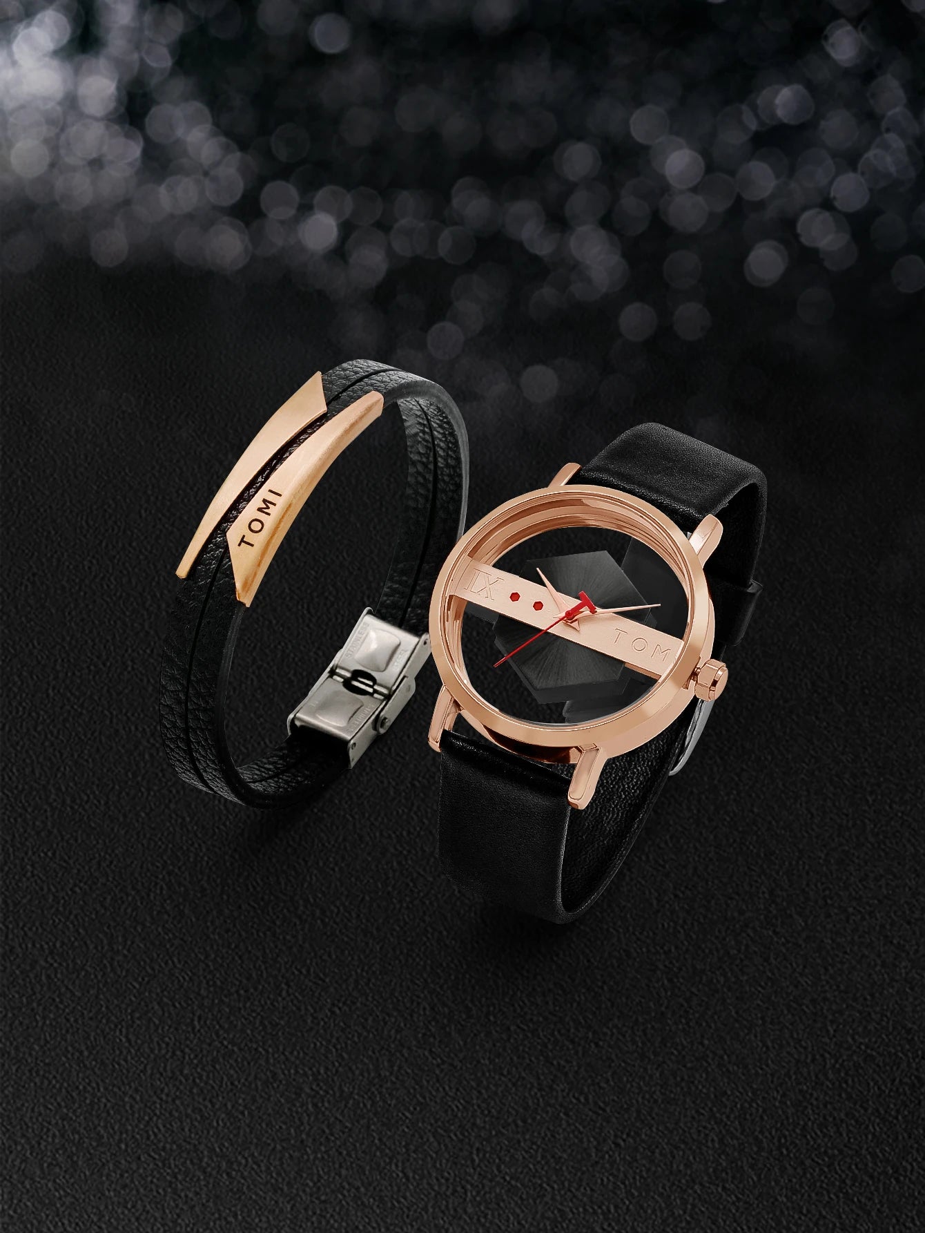 TOMI New 2PCS Men's Gift Box Watch Bracelet Simple and Fashionable Hollow out Versatile Black Strap Men's Quartz Watch Reloj