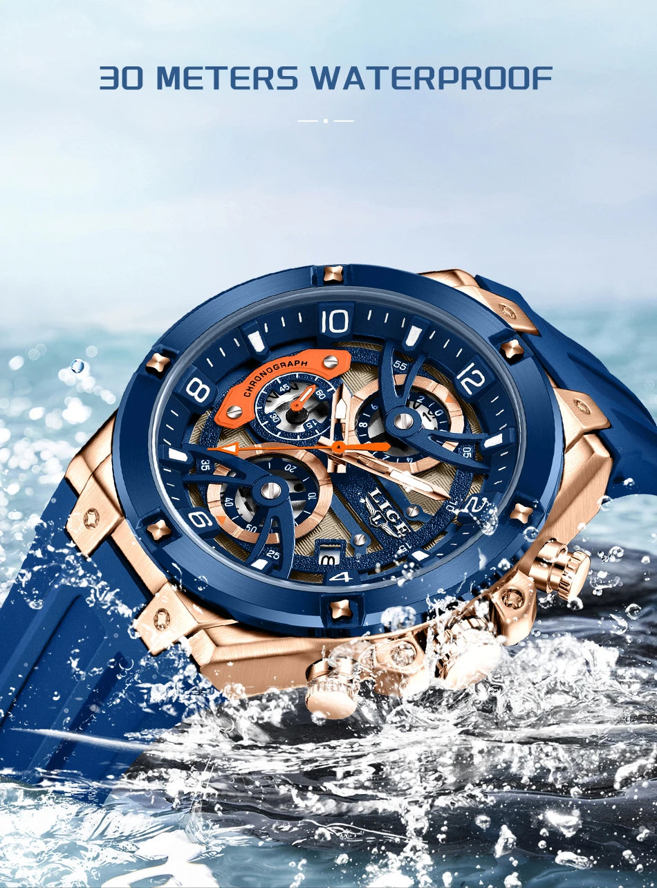 LIGE Military Sports Edition — a rugged and stylish men's quartz chronograph designed for adventure, precision, and everyday wear.