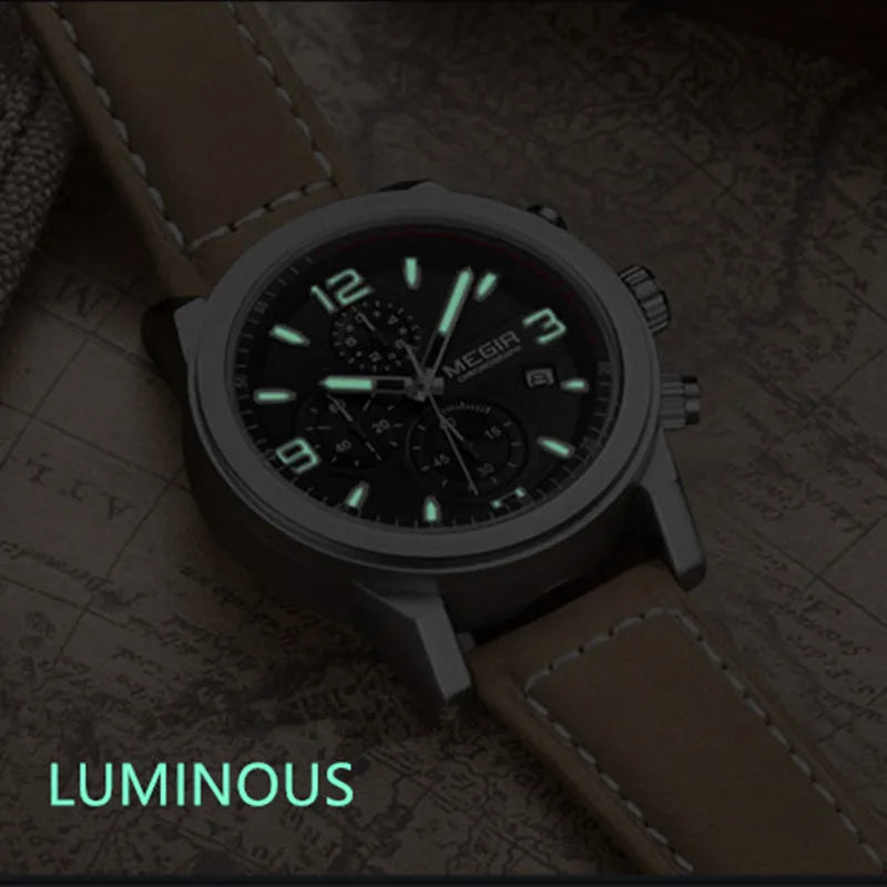 MEGIR Luxury Chronograph Men's Sport Watches Leather Strap Quartz Wristwatch Luminous Casual Male Clock Relogio Masculino 2026
