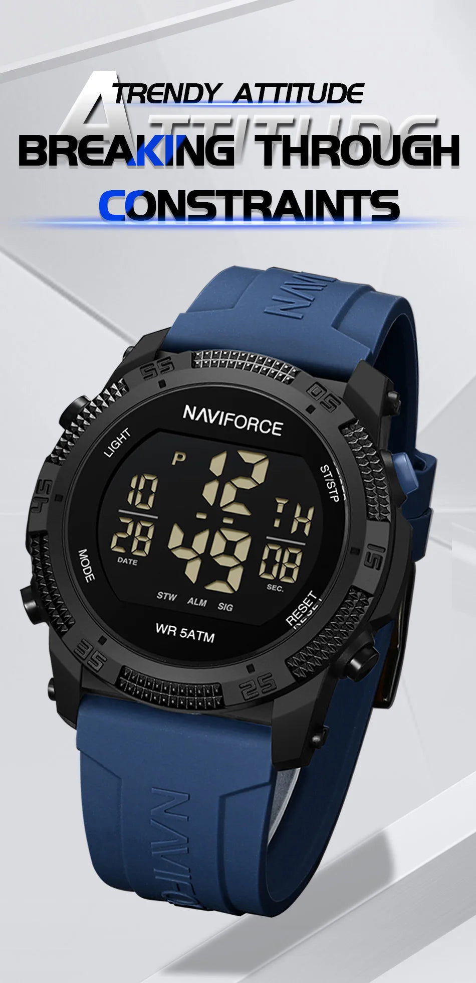 NAVIFORCE Men's Fashion LCD Digital Wristwatch 50m Waterproof Sports Silicone Strap Watches for Man Casual Electronic Male Clock