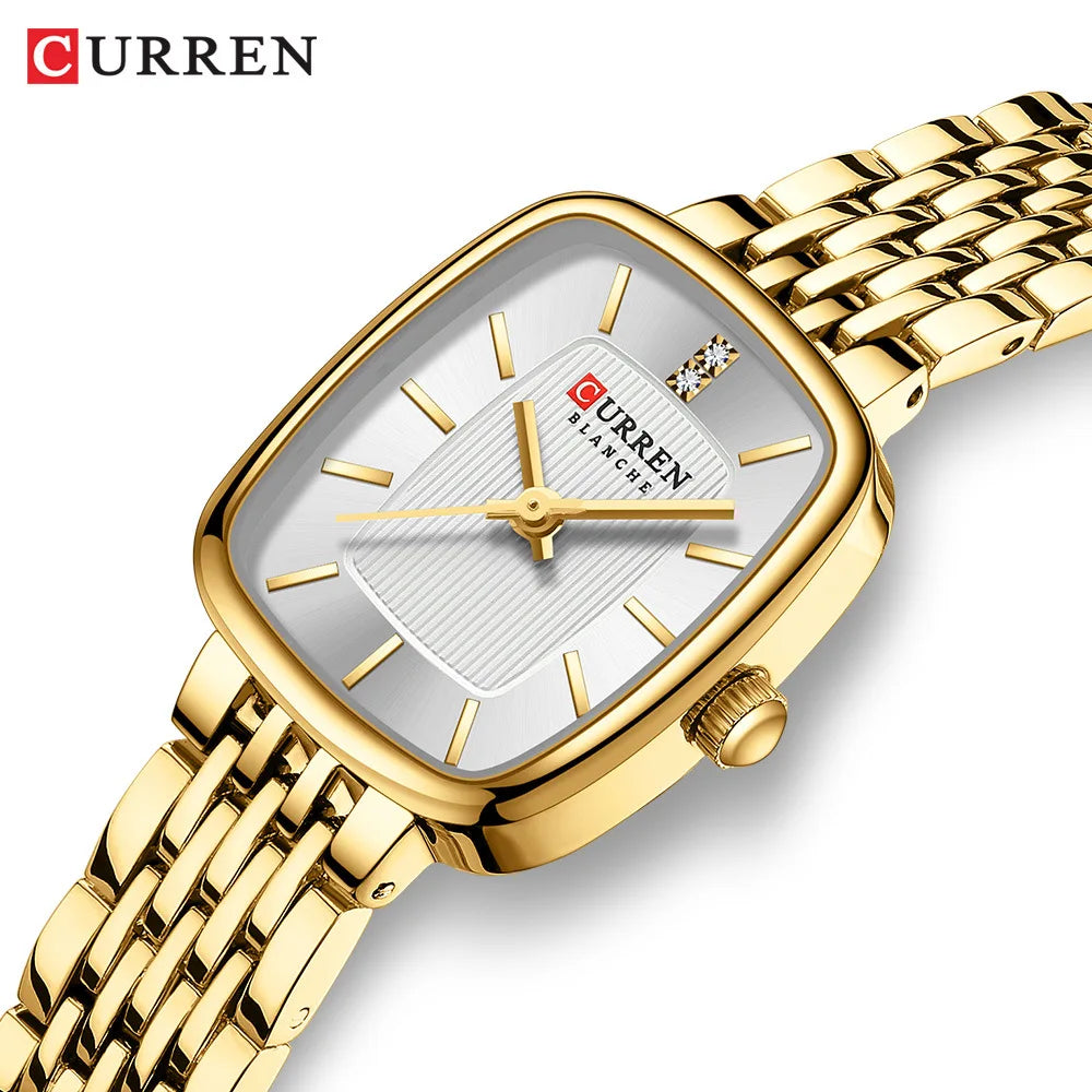 CURREN 9093 Women's Fashion Quartz Watch – Elegant Square Gold Dial with Stainless Steel Strap, Waterproof