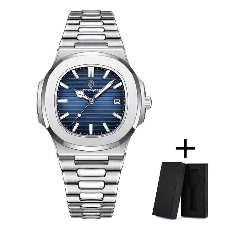 PENGAGAR Luxury Watch Business 50 ATM Waterproof Male Clock Luminous Date Stainless Steel Square Quartz Men Watches reloj hombre