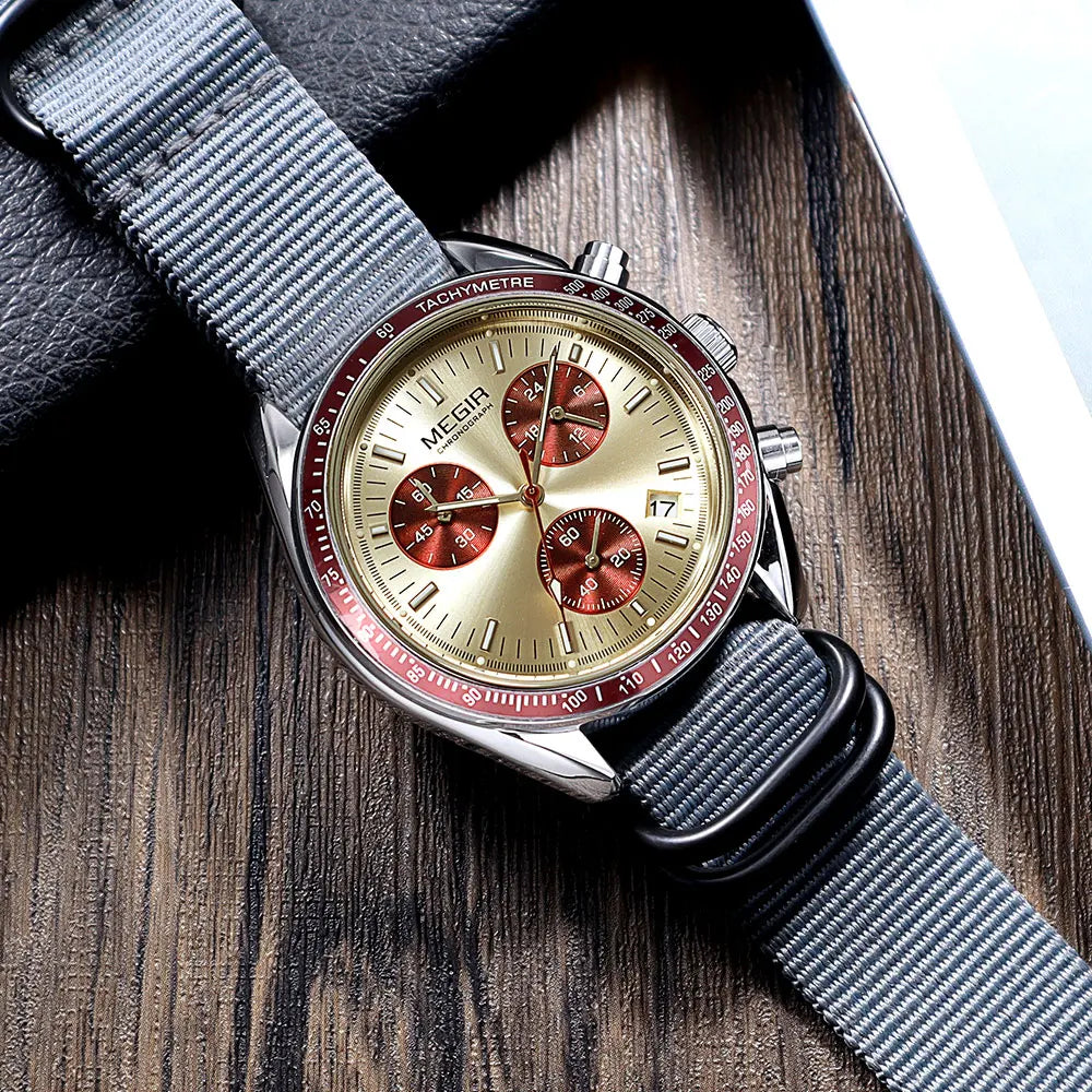 MEGIR New Men's Nylon Braided Strap Waterproof Night-light Sports Quartz Watch with Chronograph Fashion Triple-eye Wristwatch wi