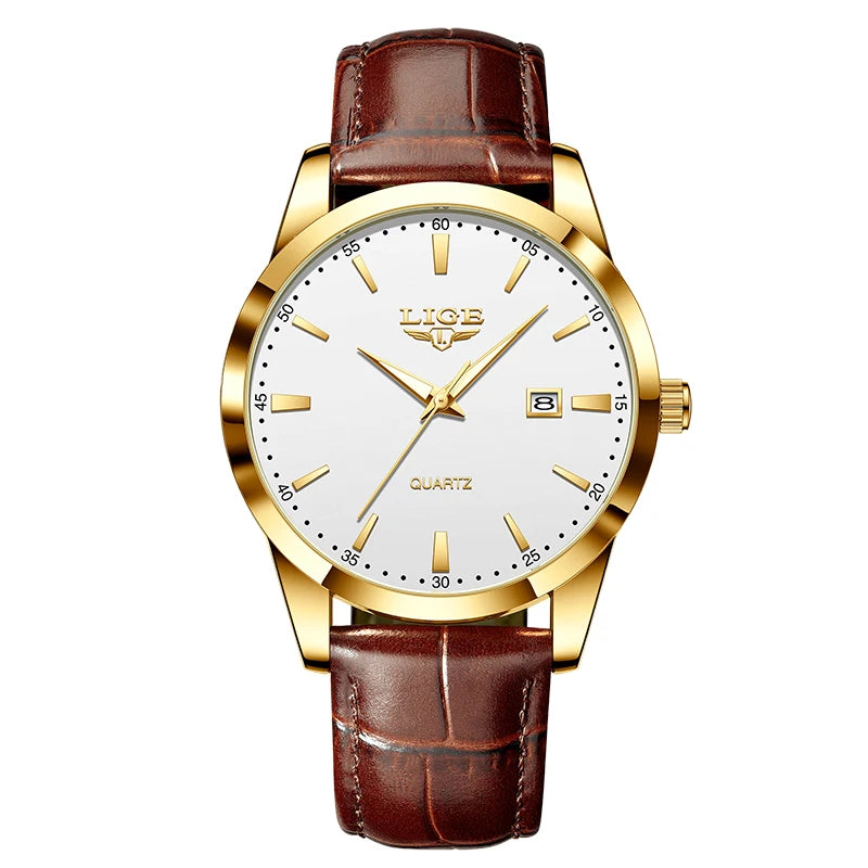 LIGE Men’s Brown Leather Military Sports Quartz Watch – Casual Waterproof Chronograph