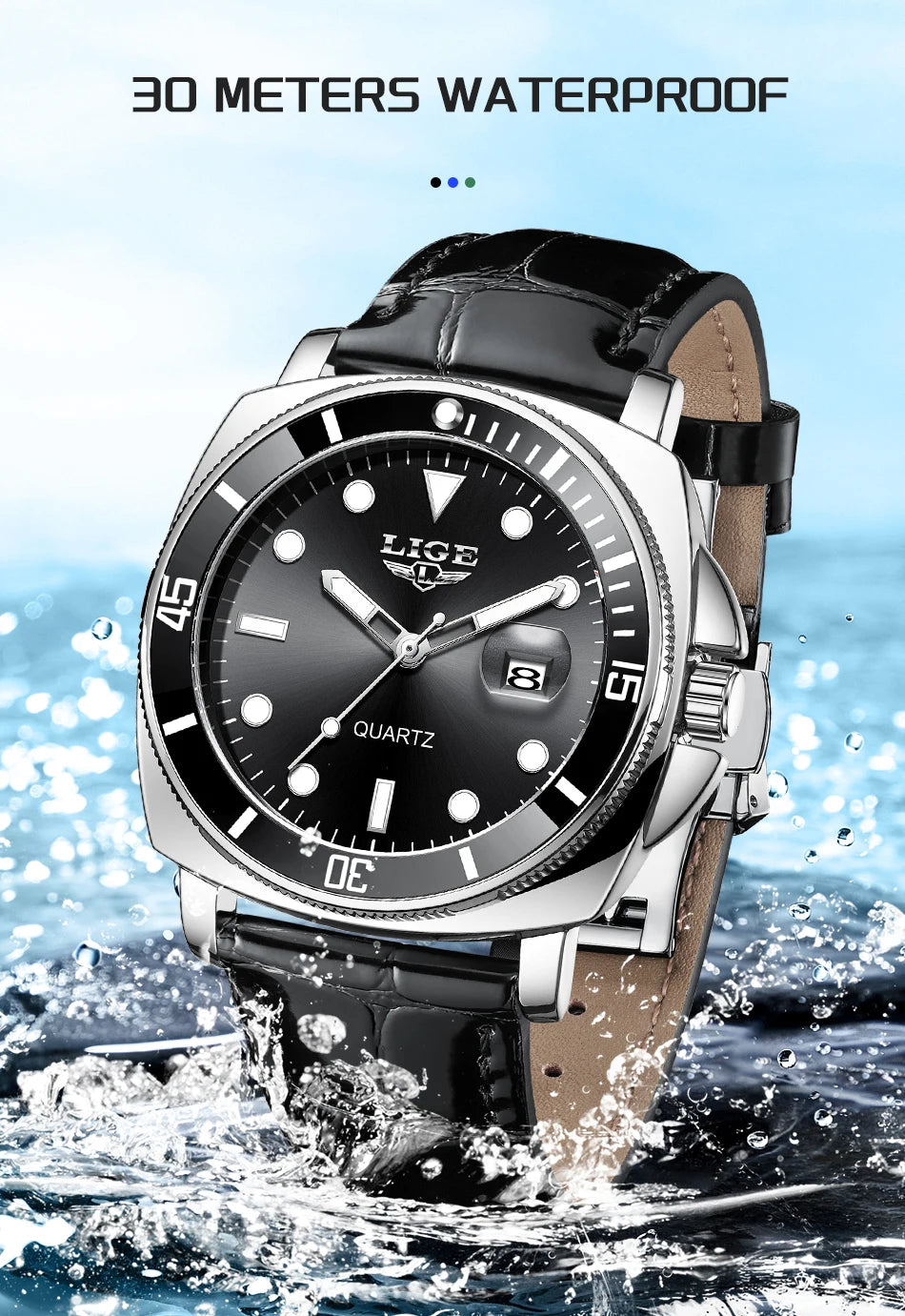 LIGE Men’s Business Military Sports Quartz Watch – Luxury Leather Waterproof Timepiece
