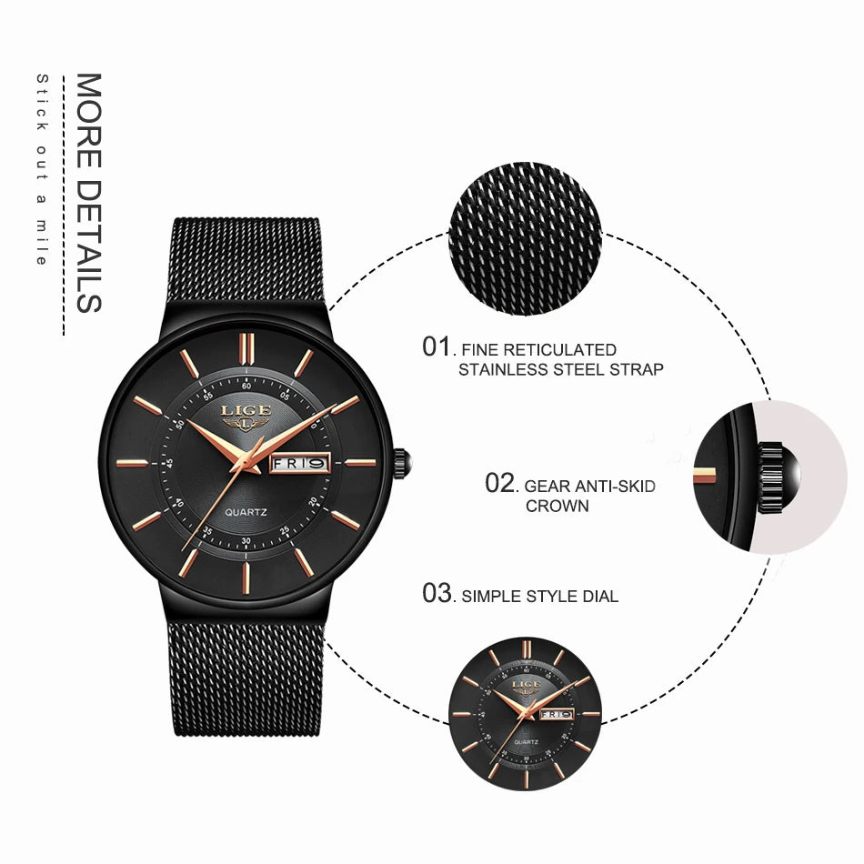 LIGE 2024 Ultra Thin Quartz Watch – Sleek, modern, and designed for men who appreciate minimalist elegance with sporty performance.