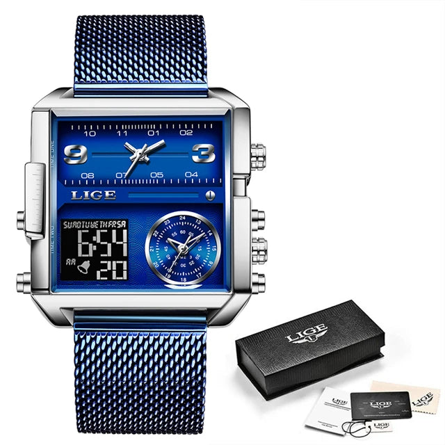 LIGE Men’s Black Steel Digital Dual Display Sports Chronograph – Waterproof Quartz Military Watch
