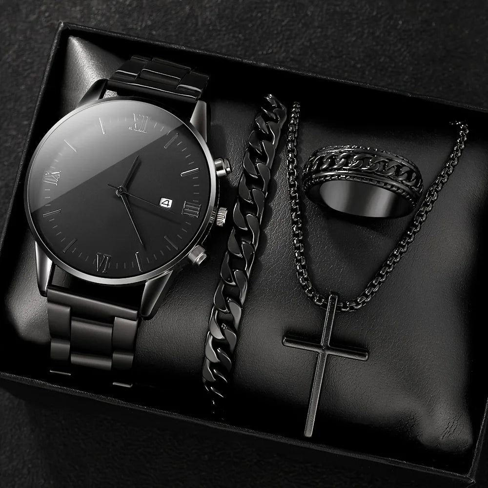 Luxorive Essential Gift Set – 4‑Piece Men's Black Calendar Quartz Watch + Cross Necklace, Ring & Bracelet