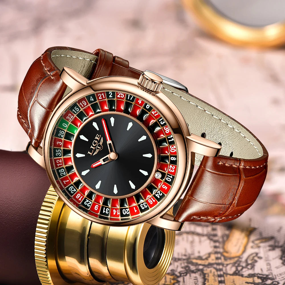 LIGE Fashion Roulette Dial Men's Watch – Brown Leather Edition