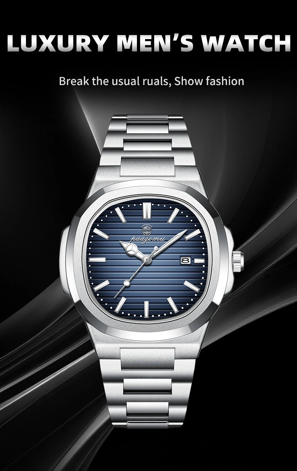 PENGAGAR Luxury Watch Business 50 ATM Waterproof Male Clock Luminous Date Stainless Steel Square Quartz Men Watches reloj hombre