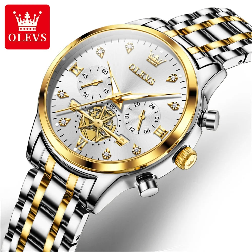 OLEVS Luxury Flywheel Design Couple Wristwatch Chronograph Waterproof Moon Phase Watch Brand Original Quartz Watch for Men Women