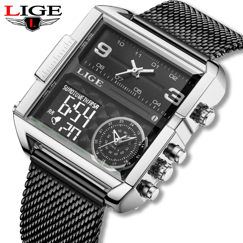 LIGE Men’s Black Steel Digital Dual Display Sports Chronograph – Waterproof Quartz Military Watch