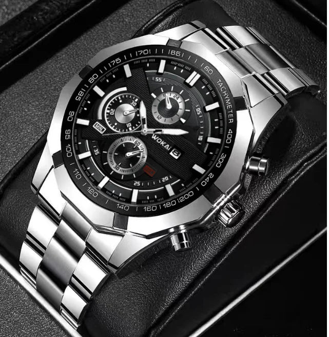 Luxorive MetroChron – 3‑Eye Quartz Watch for Men | Steel Bracelet, Roman + Index Dial