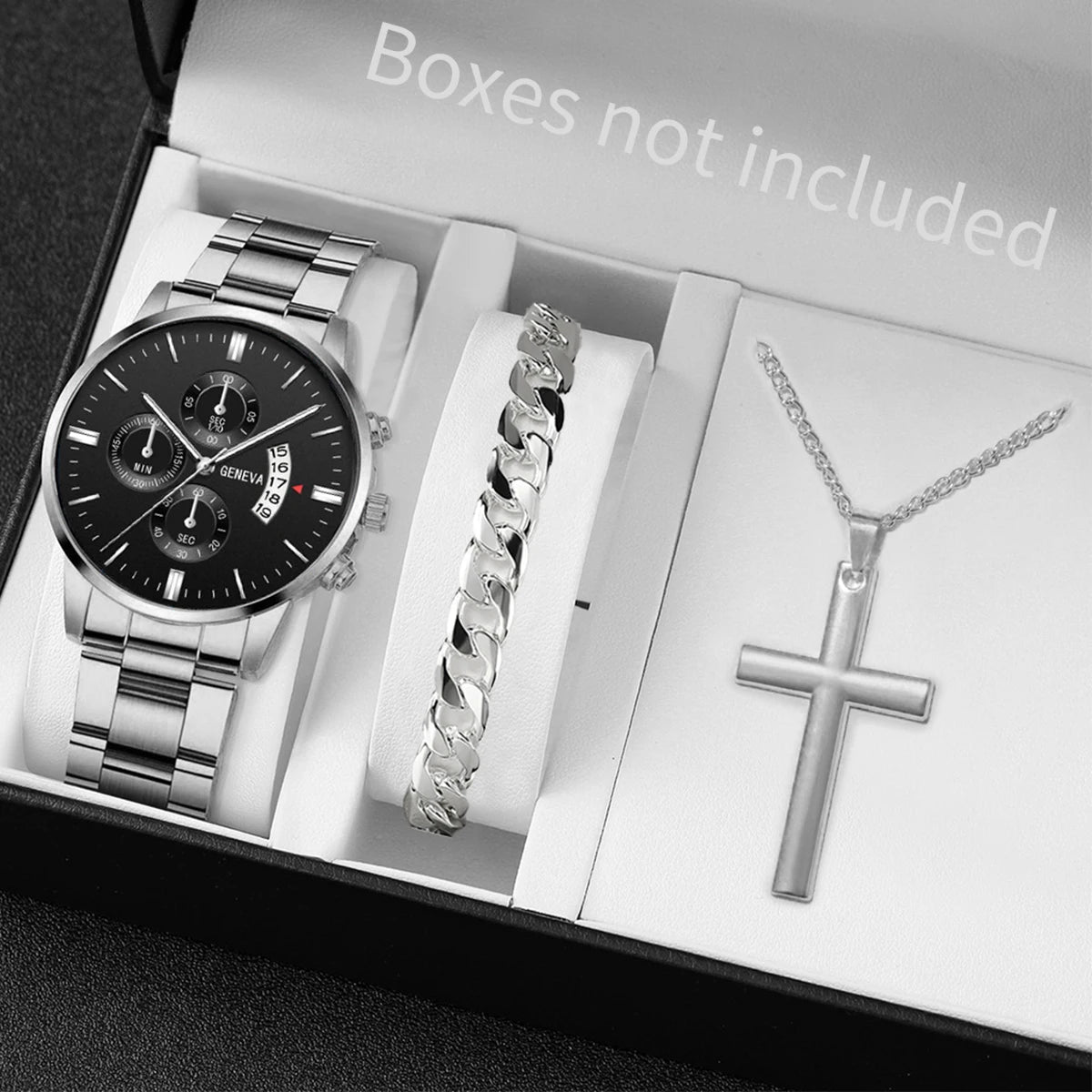 Luxorive Classic Trio – Men's Stainless Steel Calendar Quartz Watch Set (3‑Piece, No Box)