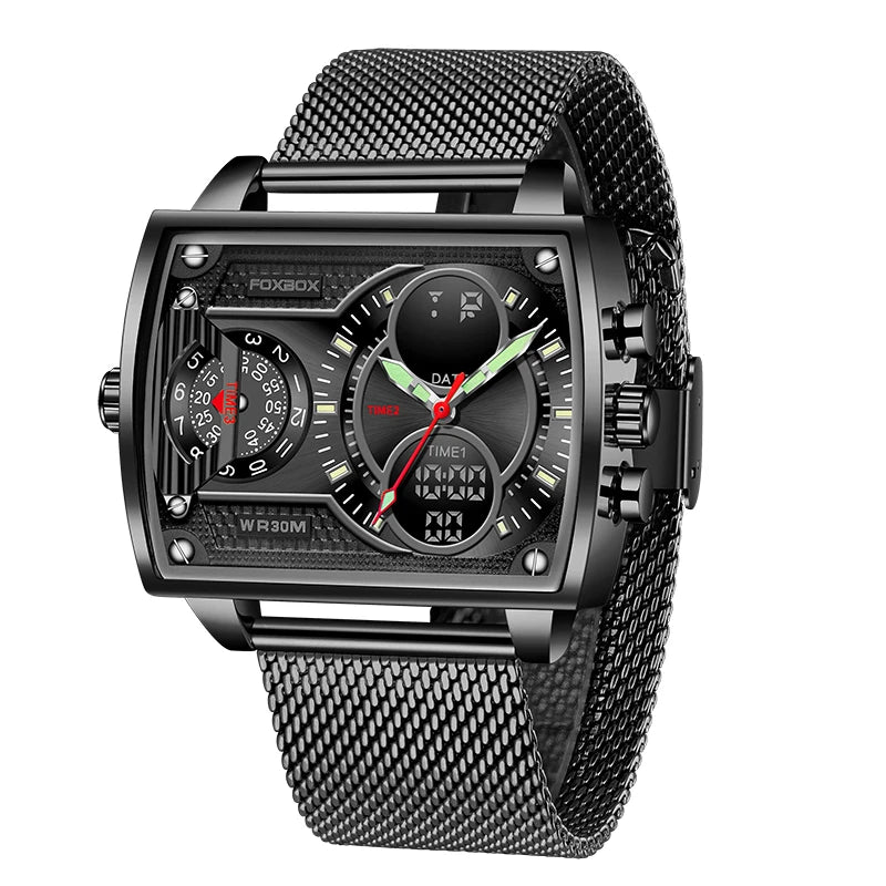 LIGE Luxury Men’s Square Watch – FOXBOX Fashion Casual Sports Waterproof Double Display