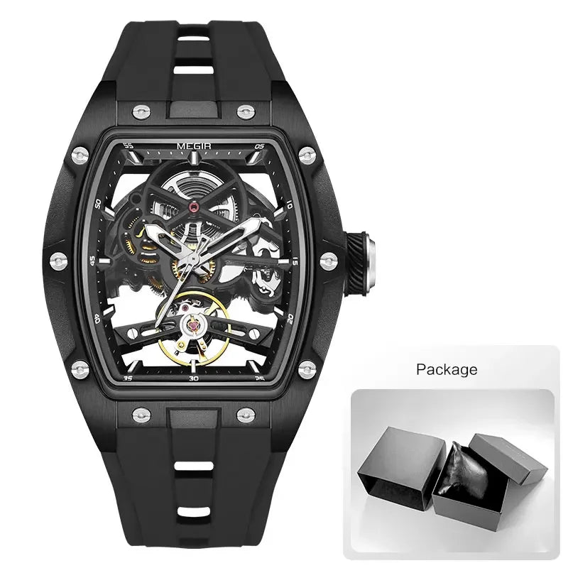 Luxorive MEGIR 2242 – Automatic Tonneau Dial Men’s Watch | Black Silicone Strap | Luminous Sport Design