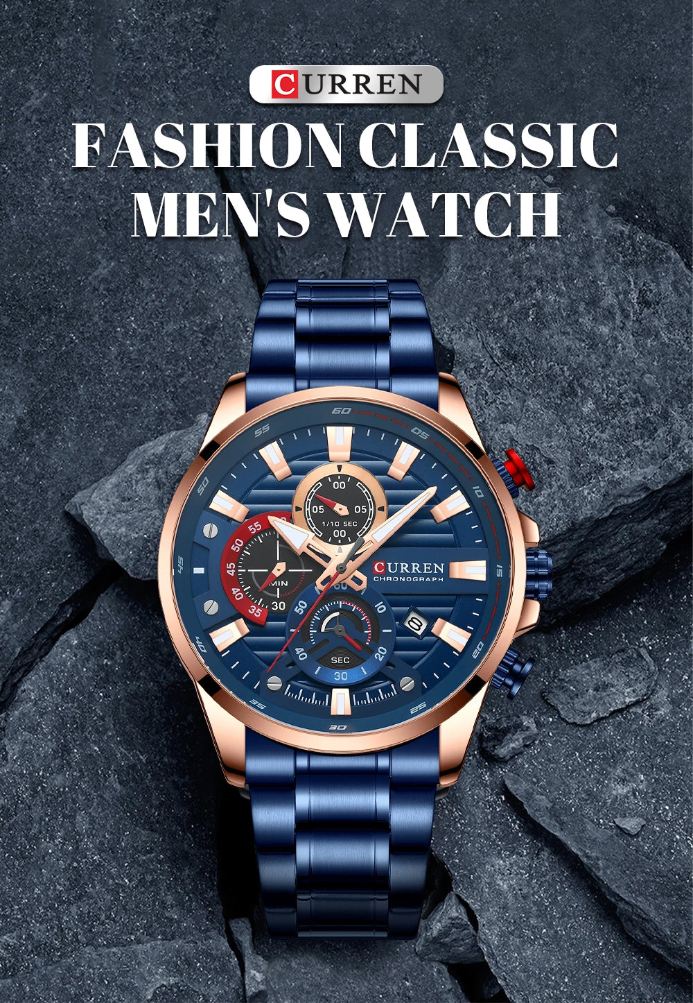 CURREN Men’s Sports Casual Quartz Watch – Stainless Steel Chronograph with Auto Date