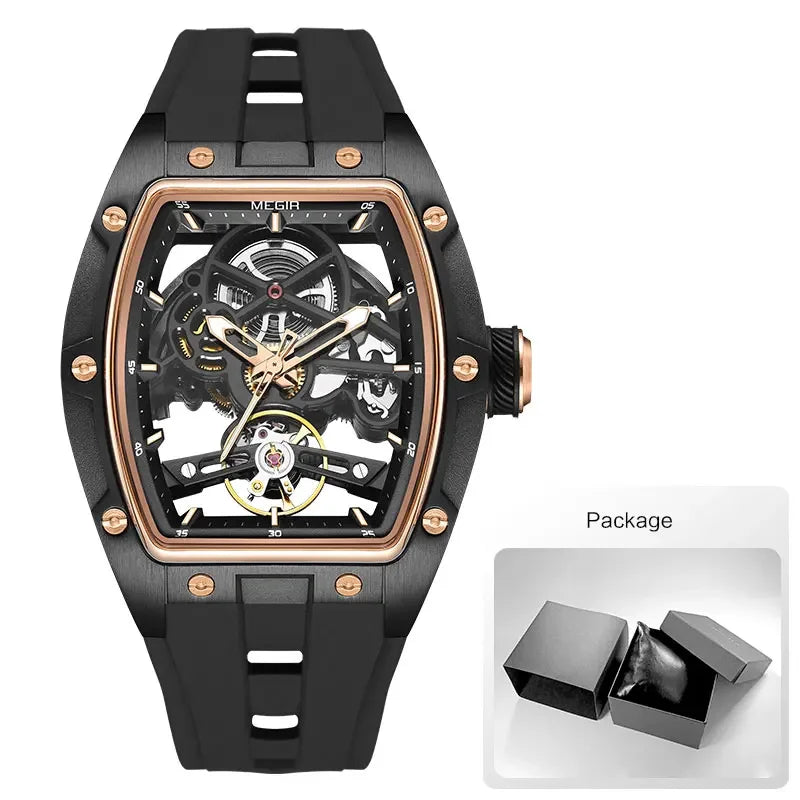 Luxorive MEGIR 2242 – Automatic Tonneau Dial Men’s Watch | Black Silicone Strap | Luminous Sport Design
