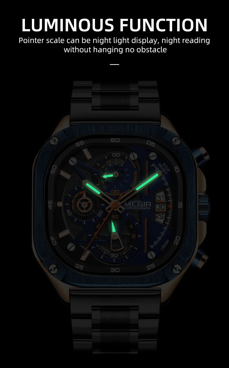 MEGIR Black Quartz Watch Men Waterproof Square Dial Wristwatch with Chronograph Stainless Steel Strap Luminous Hands Auto Date