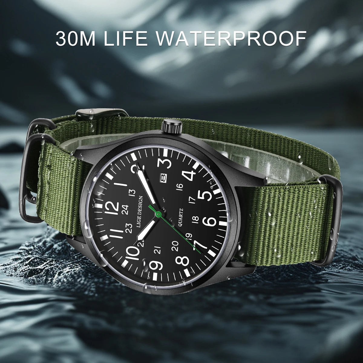 LIGE Luxury Military Quartz Watch for Men – Waterproof, Luminous, Nylon Leather Strap, Date Display