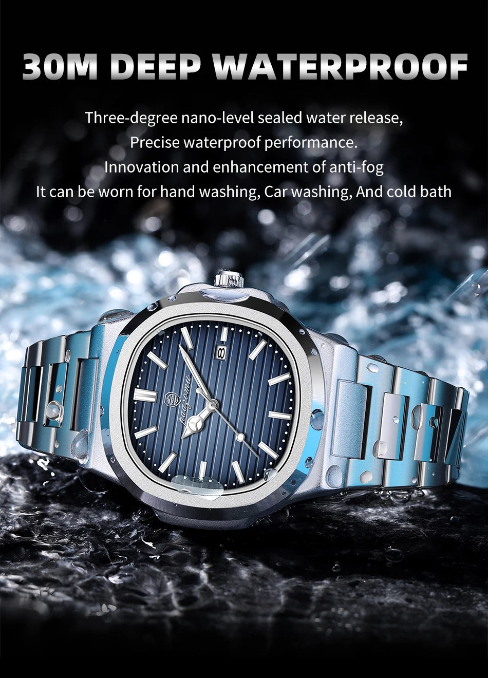 PENGAGAR Luxury Watch Business 50 ATM Waterproof Male Clock Luminous Date Stainless Steel Square Quartz Men Watches reloj hombre