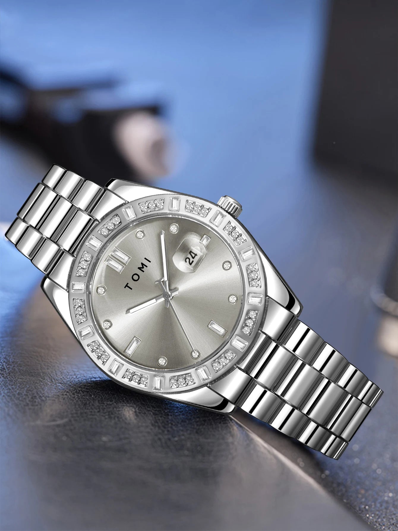 TOMI 4PCS Luxury Business Men's Watch Gift Box Set Luxury Diamond Case Calendar Stainless Steel Strap Quartz Watch Men's Clock