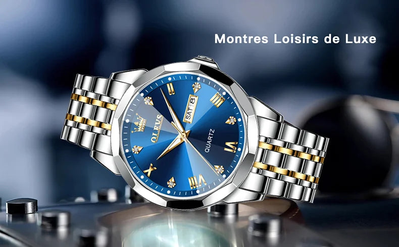 OLEVS Men's Watches Rhombus Mirror Original Quartz Watch for Man Waterproof Luminous Stainless Steel Wristwatch Male Date Week
