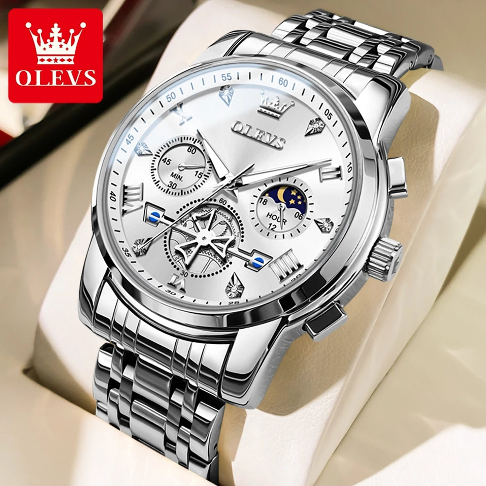 OLEVS Luxury Flywheel Design Couple Wristwatch Chronograph Waterproof Moon Phase Watch Brand Original Quartz Watch for Men Women