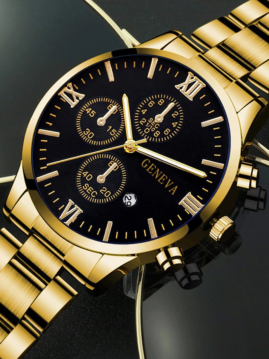 Luxorive Gold Roman Gift Set 🎁 – 4‑Piece Men’s Gold Quartz Watch with Calendar, Cross Necklace, Bracelet & Ring