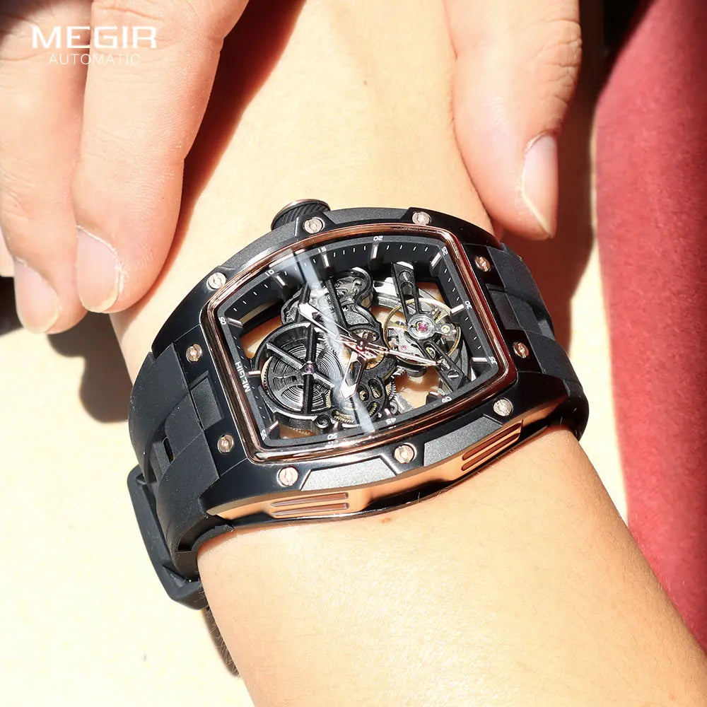 Luxorive MEGIR 2242 – Automatic Tonneau Dial Men’s Watch | Black Silicone Strap | Luminous Sport Design