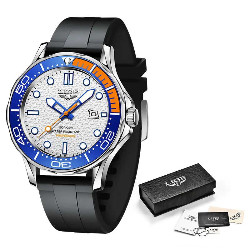 2025 LIGE Men's Business Luxury Dive Watch – Waterproof Chronograph with Date | Stainless Steel Sport Wristwatch + Box