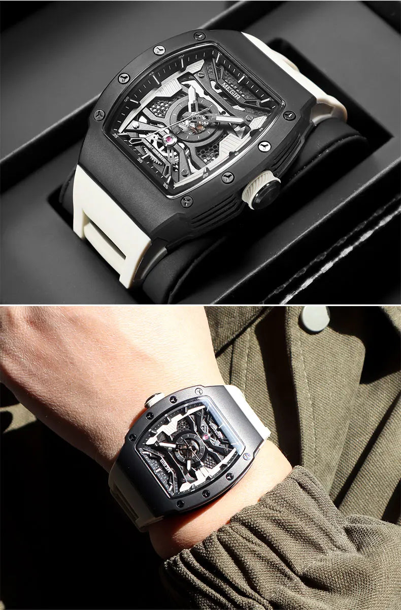 MEGIR Men's Automatic Mechanical Watch with Stainless Steel Case Sillicone Strap Fashion Waterproof Luminous Wristwatch 8604