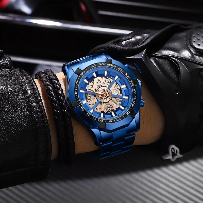 Luxorive BlueCore X – 2025 Luxury Skeleton Steel Watch for Men
