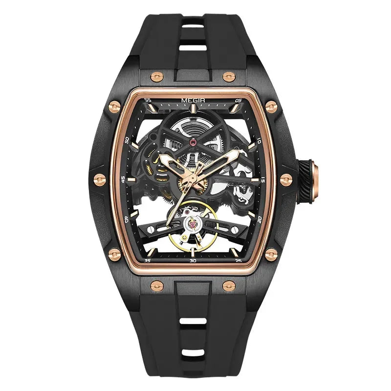 Luxorive MEGIR 2242 – Automatic Tonneau Dial Men’s Watch | Black Silicone Strap | Luminous Sport Design