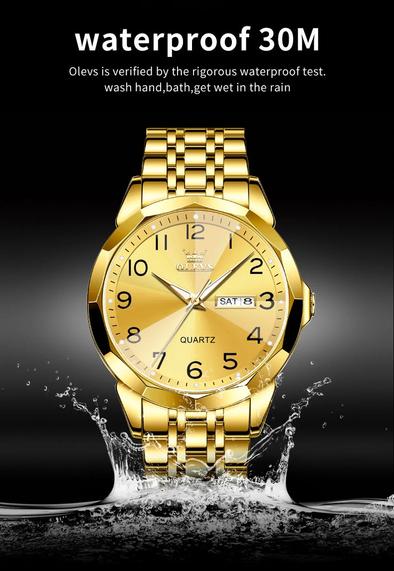 OLEVS Men's Watches Rhombus Mirror Original Quartz Watch for Man Waterproof Luminous Stainless Steel Wristwatch Male Date Week