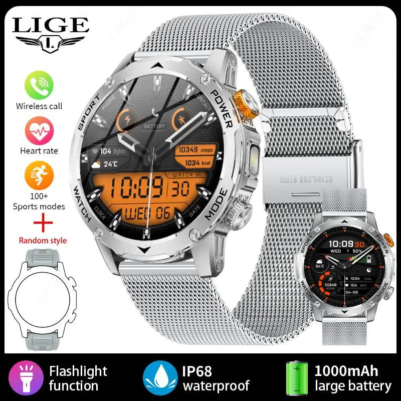 LIGE Men’s Smartwatch – 1000mAh Battery, Outdoor Flashlight, Bluetooth Call, Waterproof Fitness Tracker