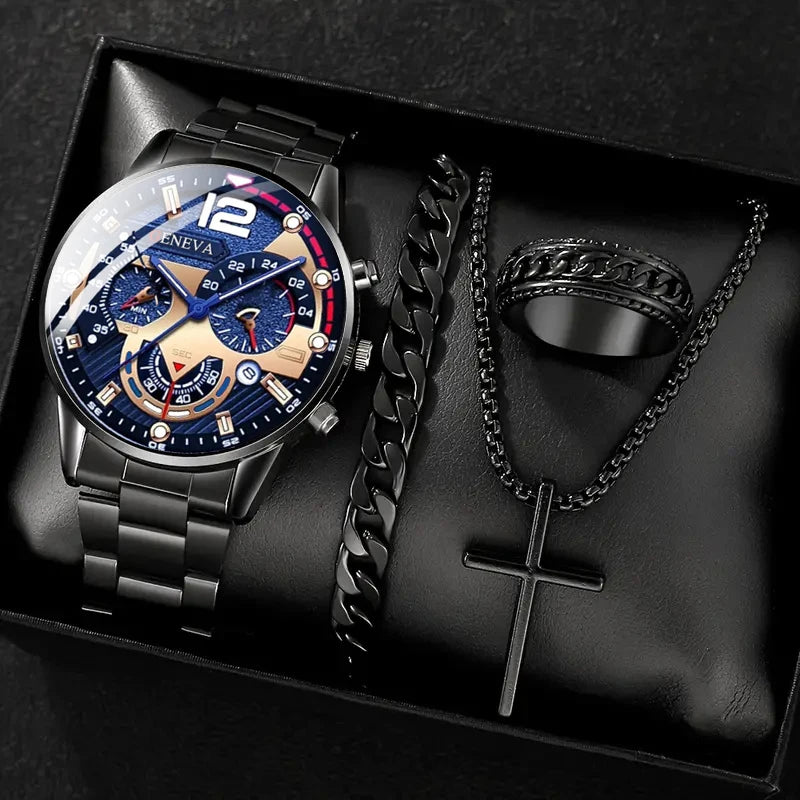 Luxorive Gold Roman Gift Set 🎁 – 4‑Piece Men’s Gold Quartz Watch with Calendar, Cross Necklace, Bracelet & Ring