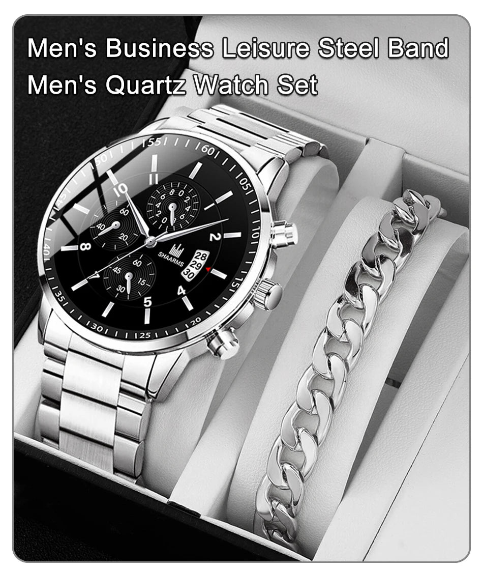 Luxorive ChronoLux Set – Men’s Stainless Steel Quartz Watch & Bracelet Combo