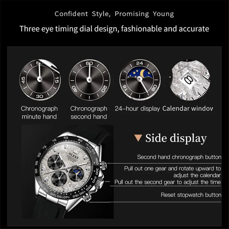 OLEVS Luxury Men's Watches Waterproof Original Quartz Man Watch Moon Phase Watch for Men Chronograph Wrist Watch Luminous Clock