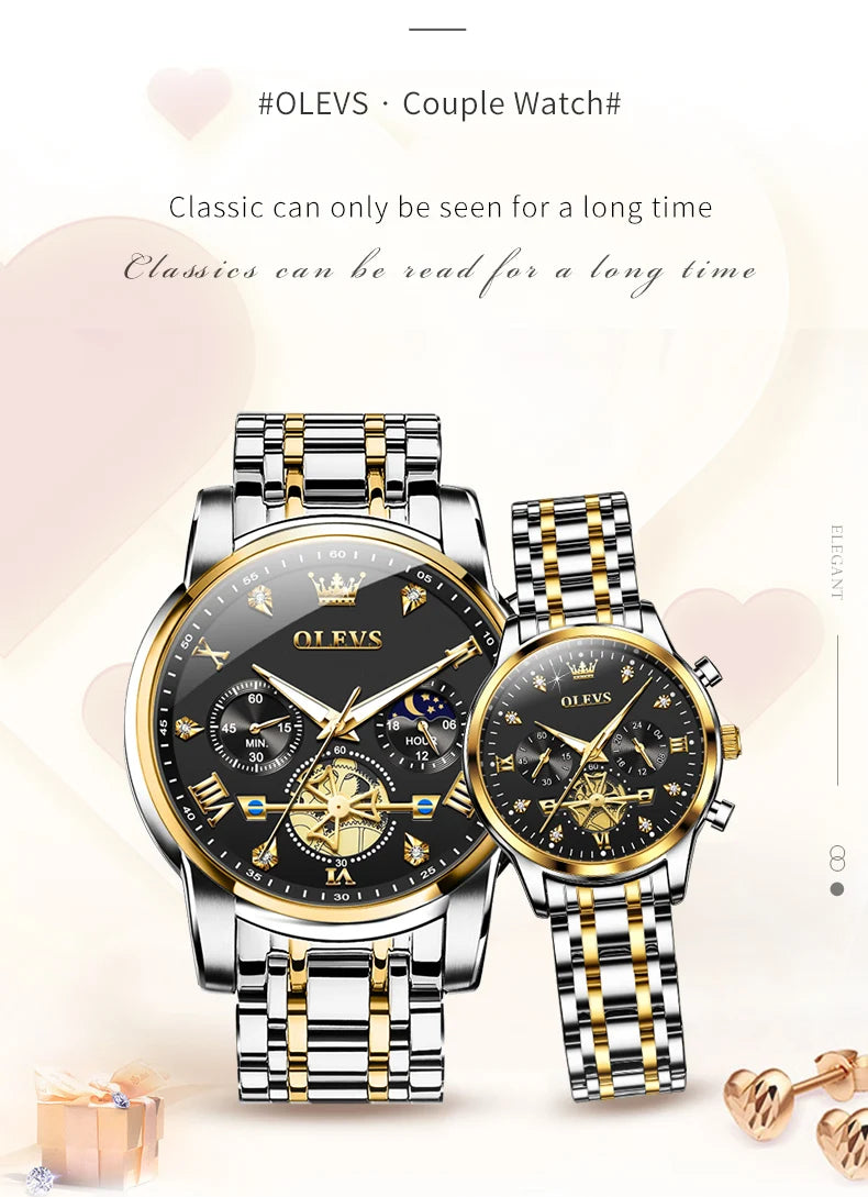 OLEVS Luxury Flywheel Design Couple Wristwatch Chronograph Waterproof Moon Phase Watch Brand Original Quartz Watch for Men Women