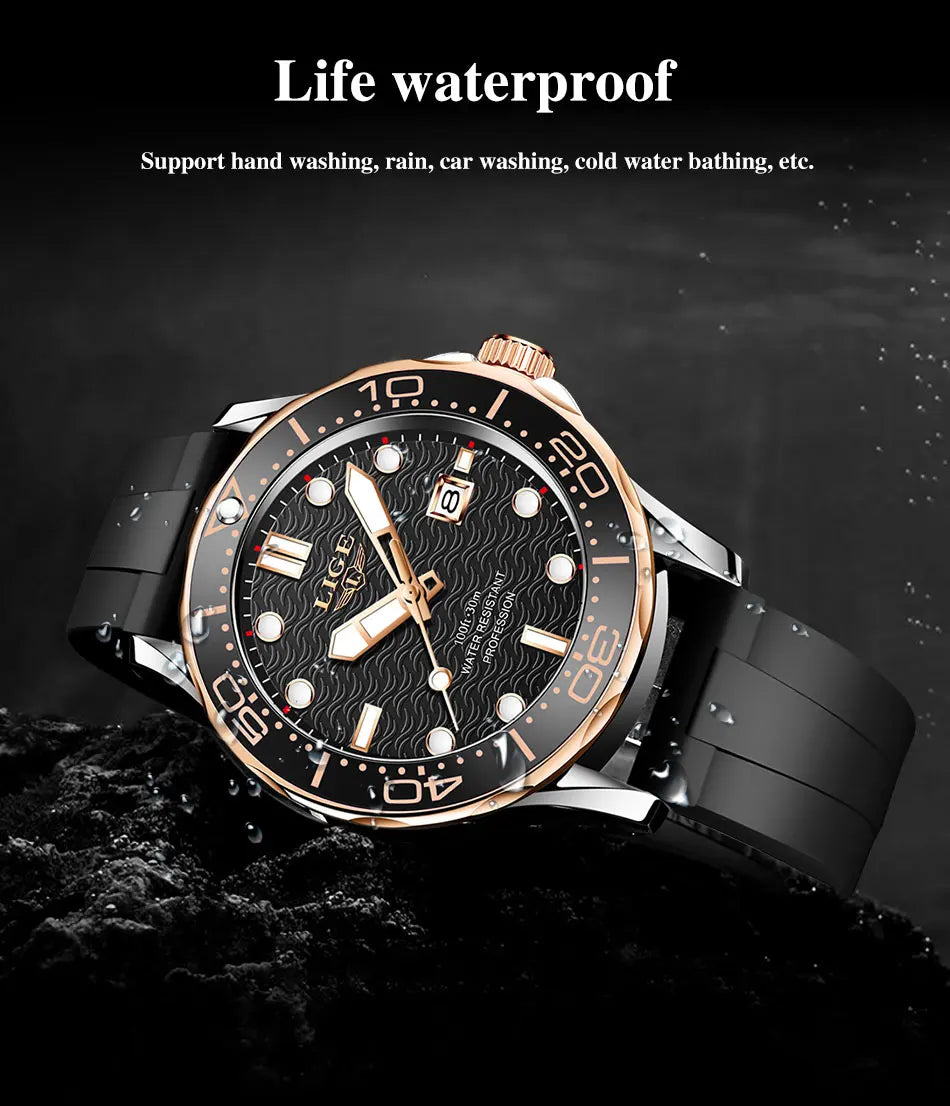 2025 LIGE Men's Business Luxury Dive Watch – Waterproof Chronograph with Date | Stainless Steel Sport Wristwatch + Box