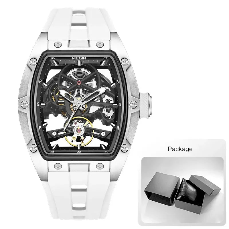 Luxorive MEGIR 2242 – Automatic Tonneau Dial Men’s Watch | Black Silicone Strap | Luminous Sport Design