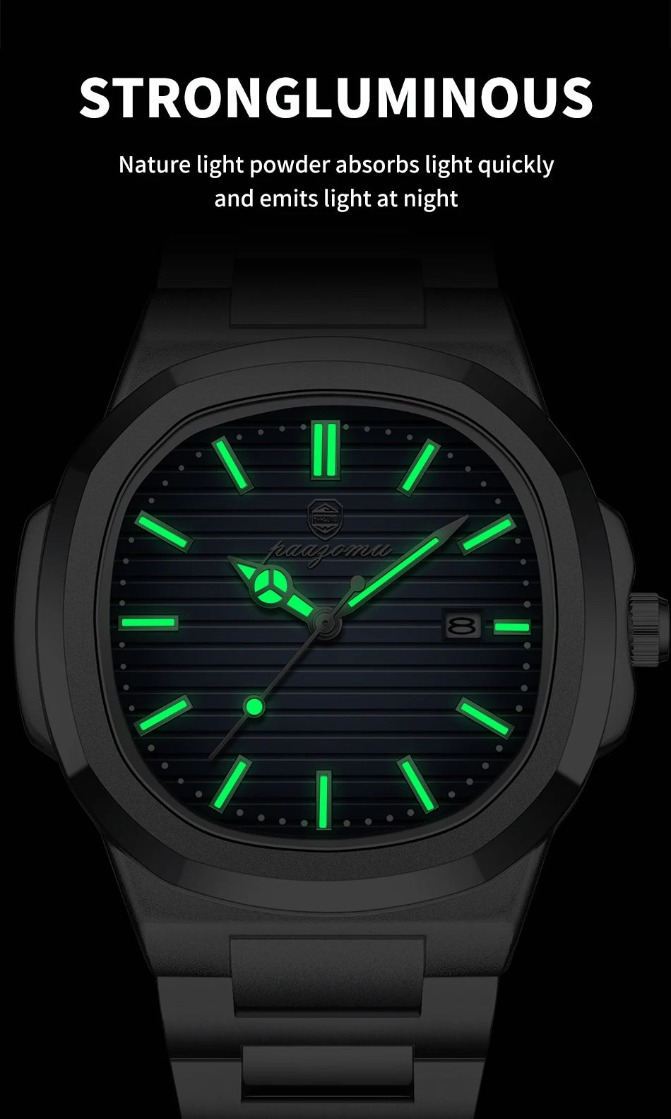 PENGAGAR Luxury Watch Business 50 ATM Waterproof Male Clock Luminous Date Stainless Steel Square Quartz Men Watches reloj hombre