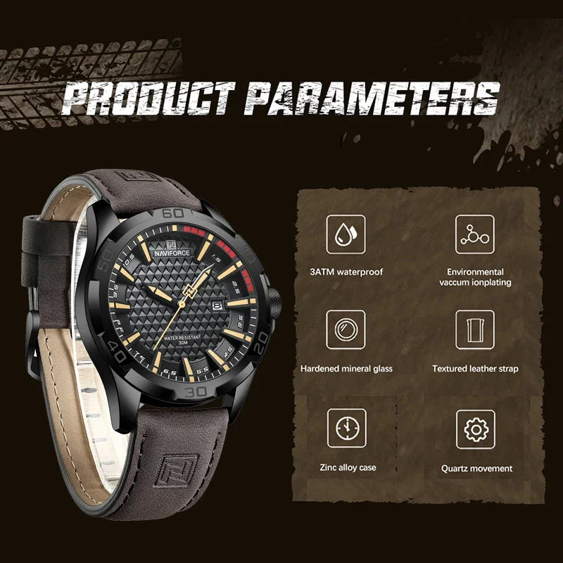 NAVIFORCE 8023 Fashion Men's Luminous Quartz Wrist Watches Waterproof Leather Strap Military Motorcycle Quartz Watch