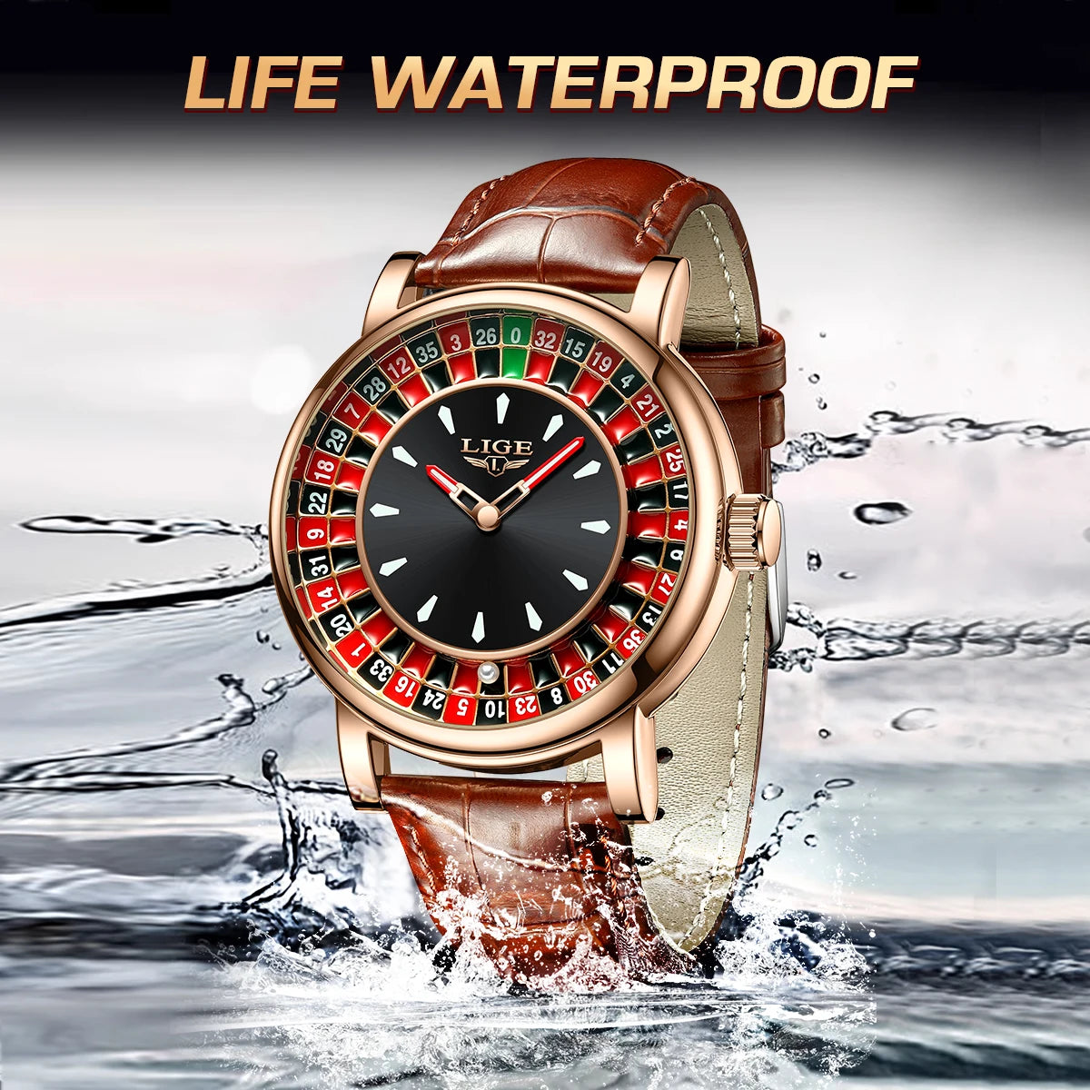 LIGE Fashion Roulette Dial Men's Watch – Brown Leather Edition