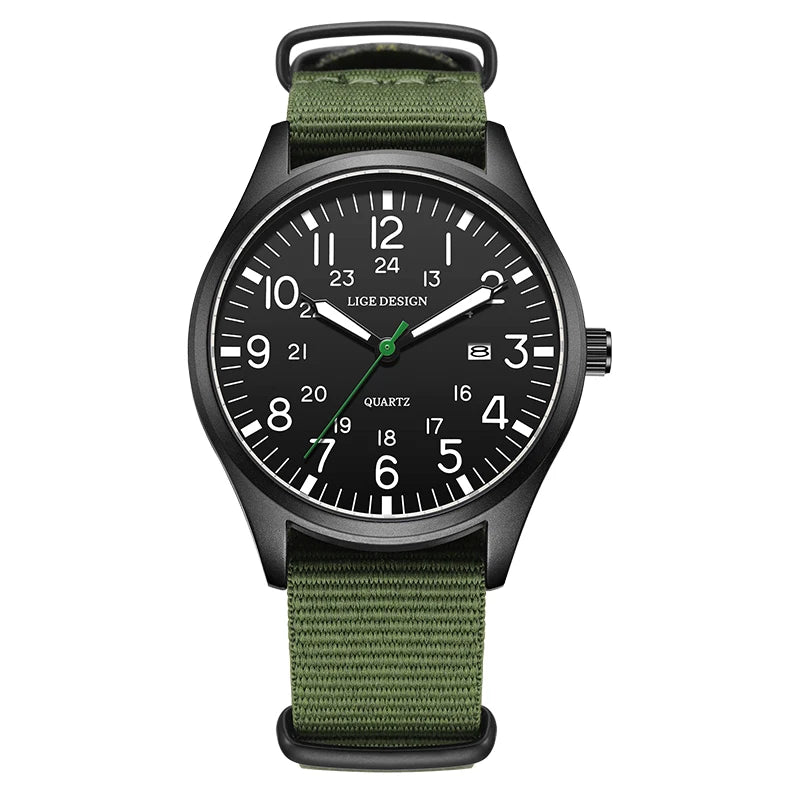 LIGE Luxury Military Quartz Watch for Men – Waterproof, Luminous, Nylon Leather Strap, Date Display