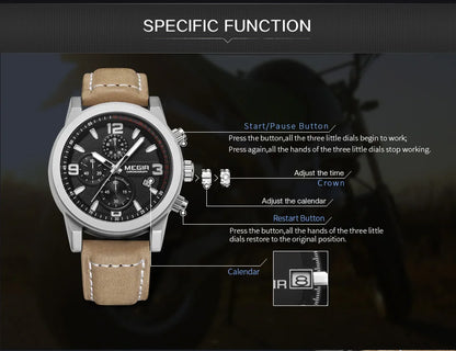 MEGIR Luxury Chronograph Men's Sport Watches Leather Strap Quartz Wristwatch Luminous Casual Male Clock Relogio Masculino 2026